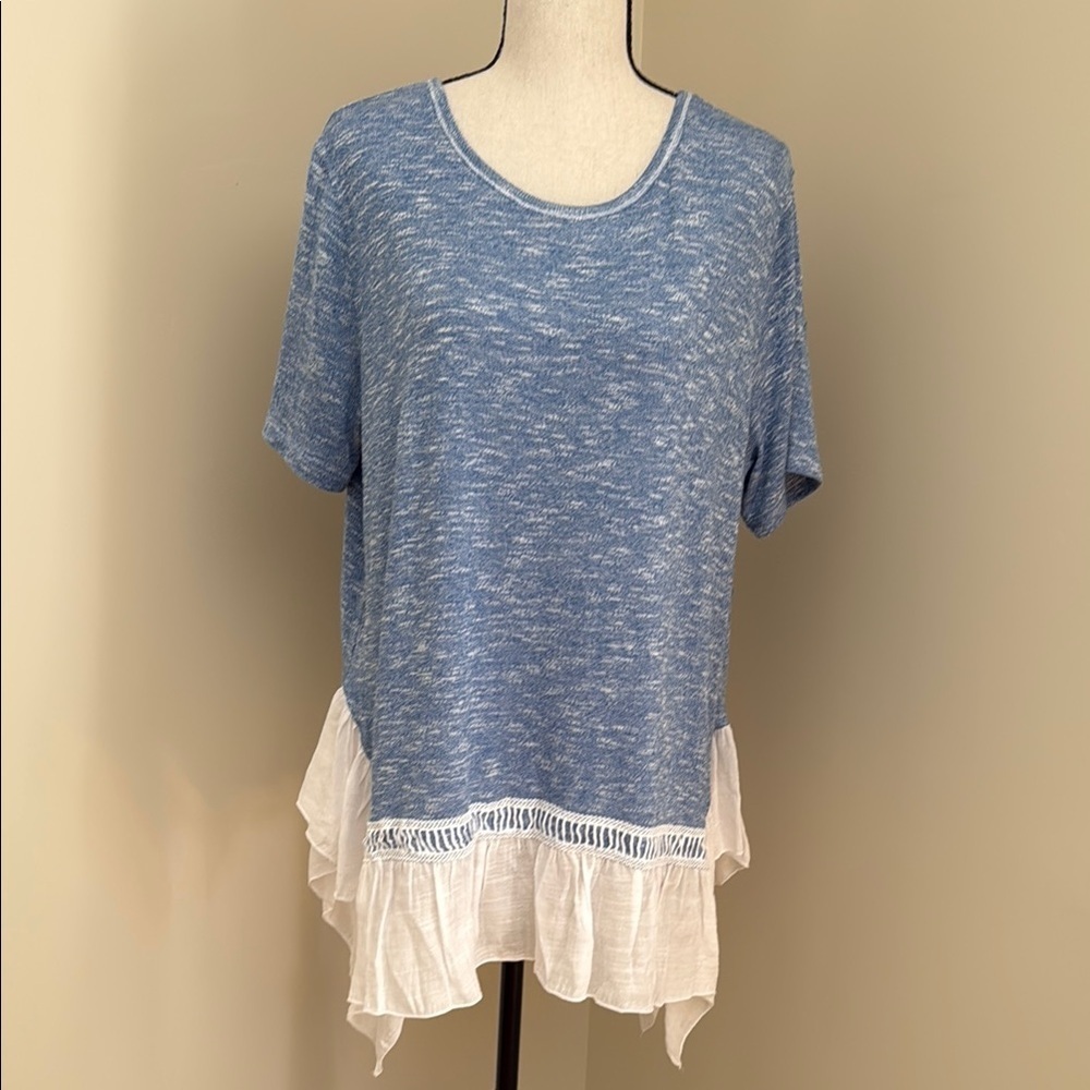 Multiples Women's XL Blue White Ruffle Asymmetrical Trim Top